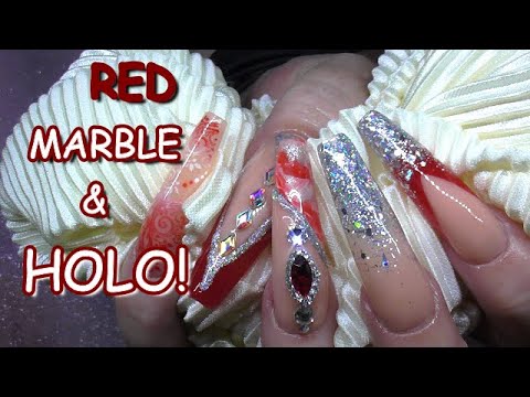 Holo Glitter With Red Marble Acrylic Nails Inspired By MOISSANITE | Sifity Jewelry | ABSOLUTE NAILS