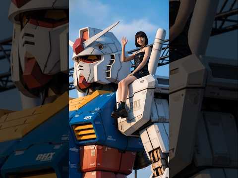 ガンダムの肩に乗り夕陽を眺める女の子