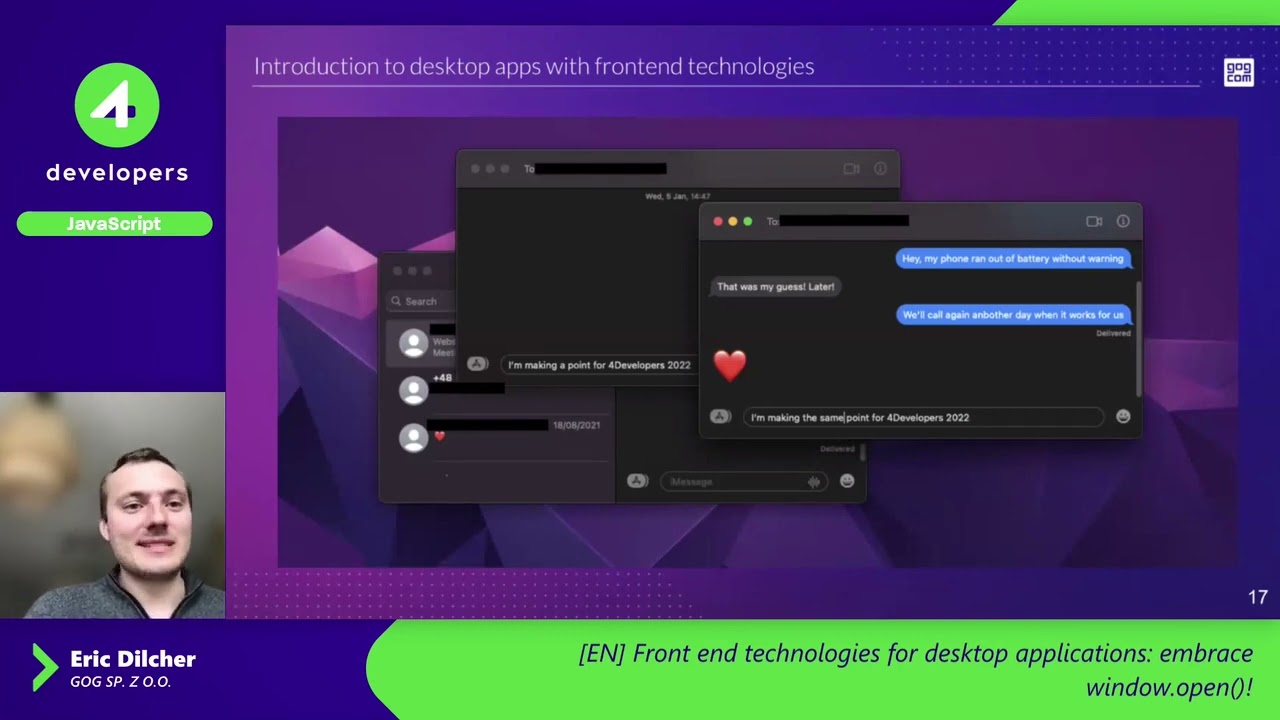 4Dev2022: Front end technologies for desktop applications: embrace window.open()! Eric Dilcher