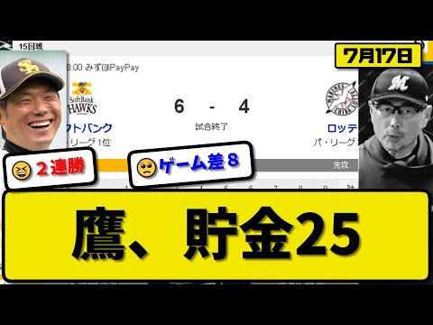 【1位vs2位】ソフトバンクホークスがロッテマリーンズに6-4で勝利…7月17日逆転勝ちで2連勝貯金25…先発大山3回3失点…甲斐&吉田が活躍【最新・反応集・なんJ・2ch】プロ野球