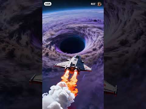 The spacecraft is flying rapidly towards the black hole in front