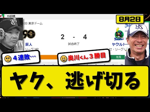 【2位vs6位】ヤクルトスワローズが読売ジャイアンツに4-2で勝利…8月2日逃げ切る…先発奥川6回無失点3勝目…太田&中村&西川が活躍【最新・反応集・なんJ・2ch】プロ野球