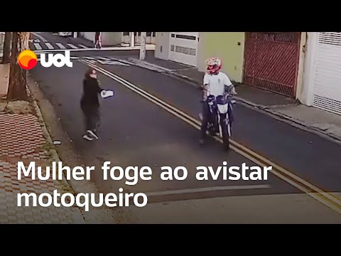 Mulher avista motoqueiro, confunde com assalto e foge de medo; veja vídeo