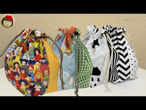 正方形4枚で作る簡単可愛いリバーシブル巾着袋の作り方