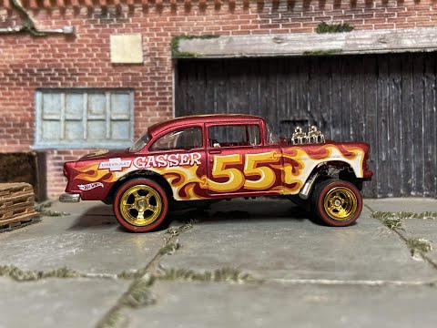 Custom Hot Wheels 1955 Chevy Gasser Drag Car Red Flames Gold 5 Spoke Wheels Redline Rubber Tires