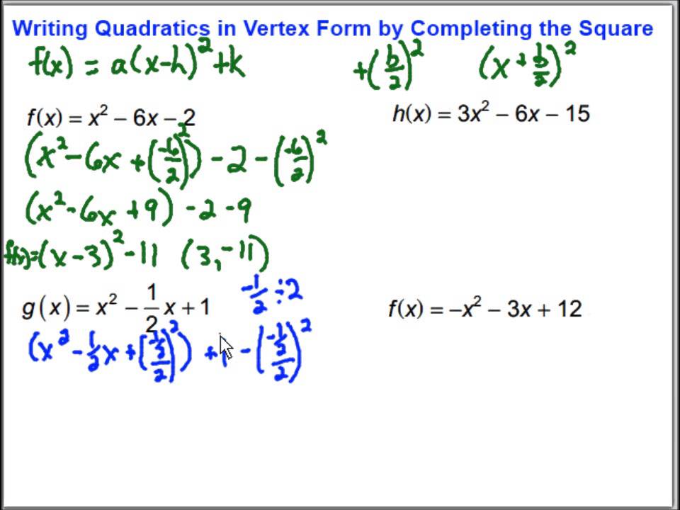 Writing Quadratic Functions In Vertex Form By Completing The Square