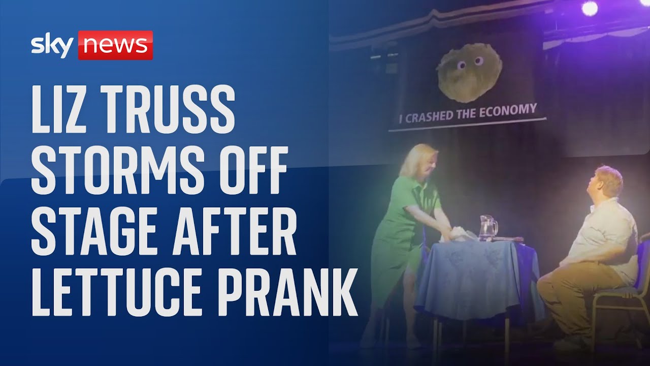 Liz Truss storms off stage after lettuce banner prank