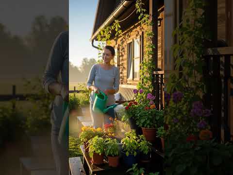 Mother watering plants in front of wooden house, warm morning