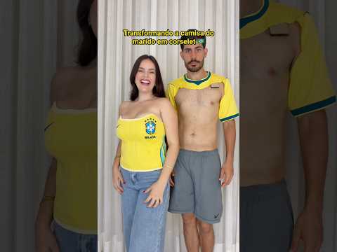 Transformando a camisa do marido em Corselet 🇧🇷 #tutorial #customizacao #dicas #copadomundo