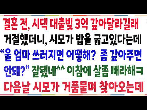 (반전신청사연)결혼전 <strong>시모가</strong> 시댁 대출빚 3억 갚아달라길래 거절하니 굶고 있다는데! "우리 엄마 ㅆ러지면 어떻해?" 그냥 살좀 빼라했더니 반응이ㅋ[신청사연][사이다썰][사연라디오]