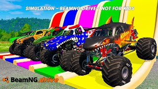 5 MONSTER TRUCKS  vs GIANT COLOR WATER SLIDE #062 - BeamNG.Drive