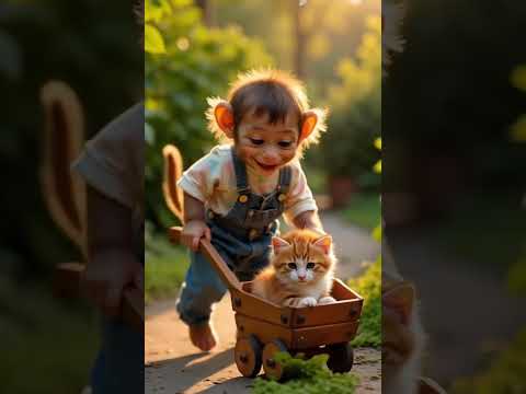 Waaw! Cutest Baby Monkey Pushes Kitten in a Stroller 🍼🐱#short