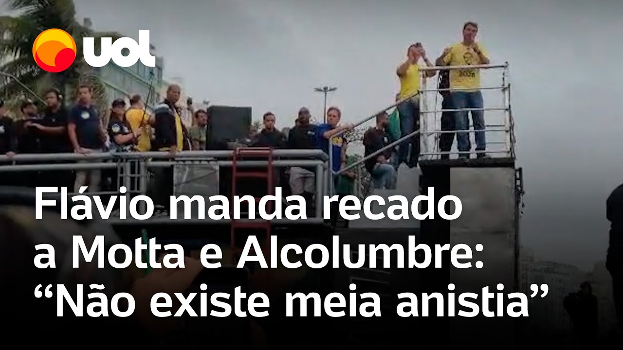 Flávio Bolsonaro manda recado a Motta e Alcolumbre pede anistia e ataca Moraes em ato no Rio vídeo