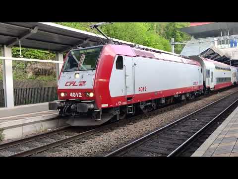 CFL 4012 with double decker coaches departing from Pfaffenthal-Kirchberg
