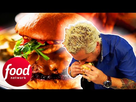 Guy Fieri Takes On The Spicy Peanut Butter Crunch Burger In California! | Diners, Drive-Ins & Dives