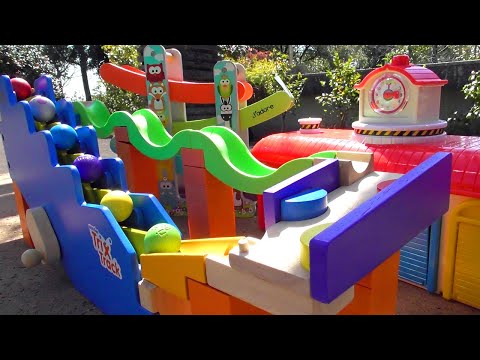 Marble Run ASMR Race ☆ HABA Slope & Dump Truck Excavator Ambulance Forklift Garbage Truck Tractors#1