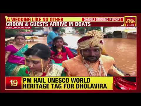 Couple gets married amid floods in Sangli, groom &amp; guests arrive in boats