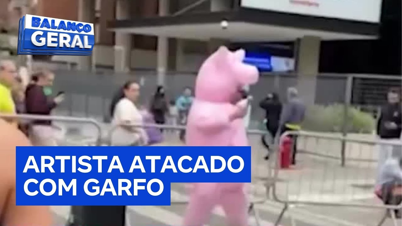 Artista de rua fantasiado de porquinho é atacado com garfo na avenida Paulista em SP