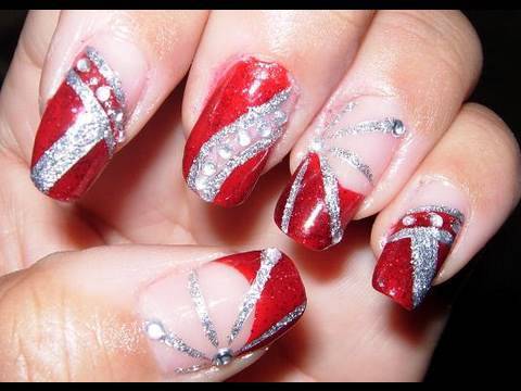 Red with Silver glitter nails!!! - YouTube