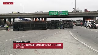 Overturned big rig closes lanes on SB 101 in San Jose Thursday
