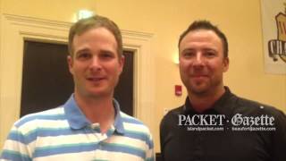 Kevin Streelman and his caddie, AJ Montecinos, speak after the RBC Heritage Presented by Boeing Fellowship of Christian Athletes breakfast the morning of April 15, 2014, on Hilton Head Island.