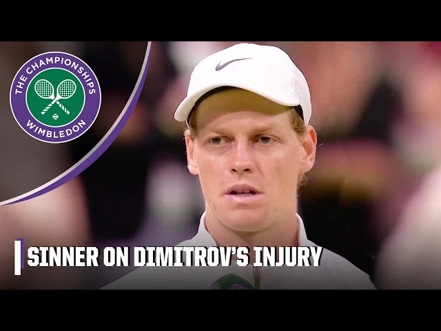 Jannik Sinner reacts to Dimitrov having to retire in Round 4 of Wimbledon due to injury
