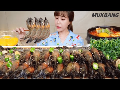 SUB) 직접 담근 탱글탱글 블랙타이거새우장 2kg 순두부찌개 흰쌀밥 먹방 Marinated Giant Black Tiger Shrimp REAL SOUND ASMR MUKBANG