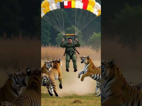 A man landing with a parachute between a group of tigers #shorts #shortsfeed #shortvideo #tiger