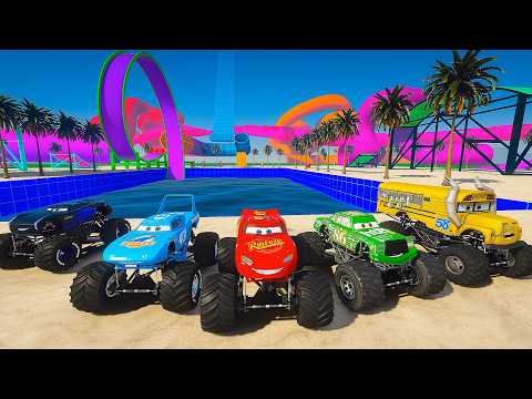 Cars Monster Truck Pool Jump Challenge — McQueen King Chick Hicks Jackson Storm Miss Fritter Loop