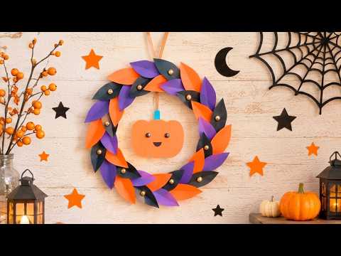 【簡単かわいい】折り紙で作るハロウィンリース【切って貼るだけ】材料は全部100均!かぼちゃのオーナメント付き 10月の壁飾り Origami Halloween Wreath