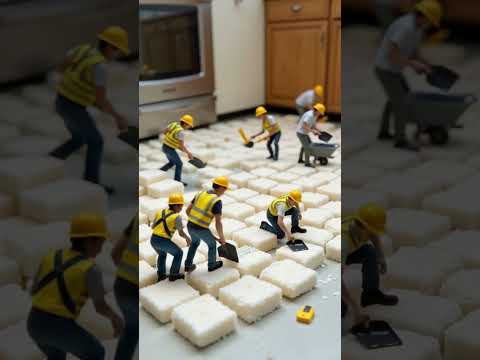 Nouvelle mission : transformer la cuisine en palace sucré !Pose de carrelage en sucre cube en cours