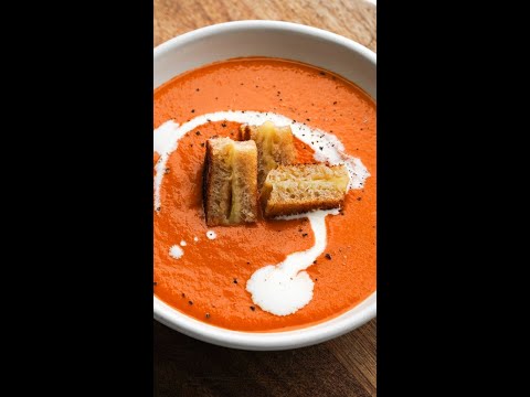 Roasted Red Pepper and Tomato Soup with Garlic Confit Grilled Cheese Bites