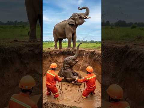 Heroic rescue team rescues baby elephant stuck in swamp #shorts