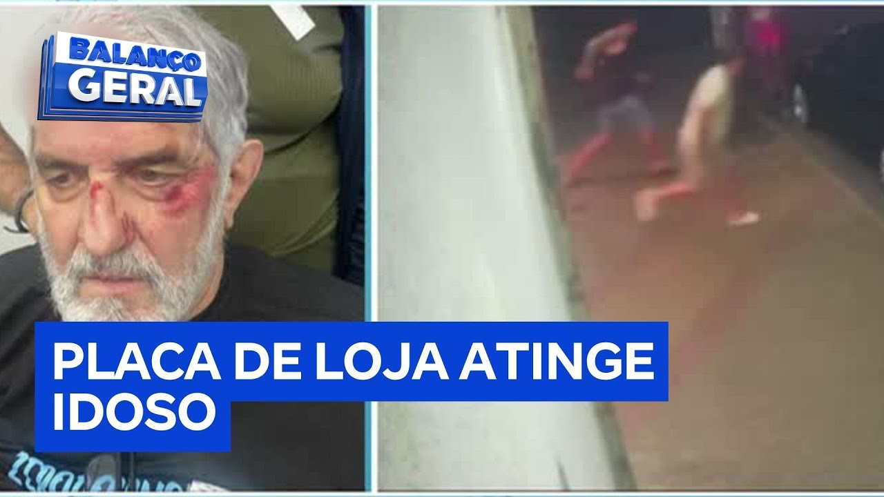 Placa de loja se solta em vendaval e acerta cabeça de idoso em Itanhaém SP