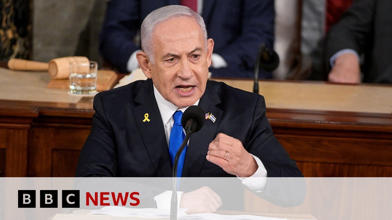 Benjamin Netanyahu defends Gaza war as protesters rally outside US Congress | BBC News