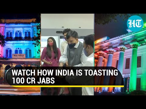 India lights up to celebrate 100 crore Covid jabs, Mansukh Mandaviya distributes sweets India lights up to celebrate 100 crore Covid jabs, Mansukh Mandaviya distributes sweets
