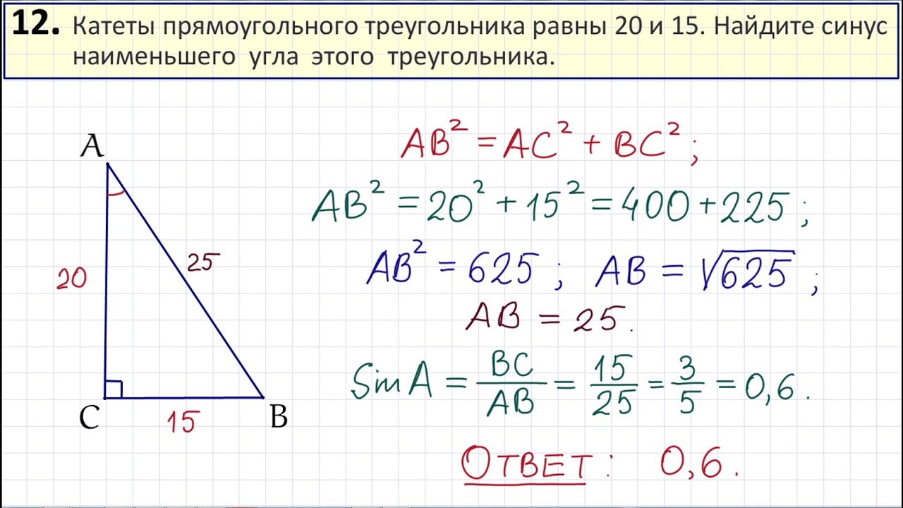 Чему равен синус наименьшего угла прямоугольного треугольника изображенного на рисунке