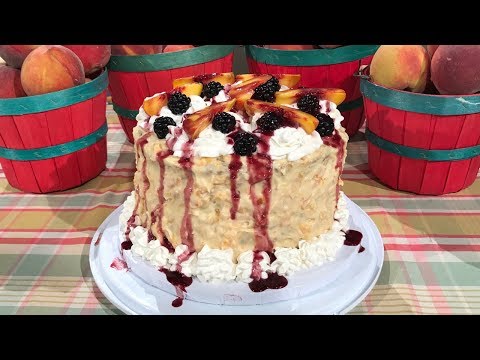 screenshot of youtube video titled Peach Cake with Blackberry Drizzle and Peaches and Cream Pie Recipes