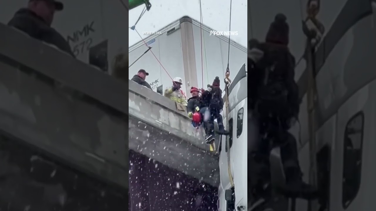 DRAMATIC RESCUE: First responders pull a driver to safety after 18-wheeler skidded off highway #fox