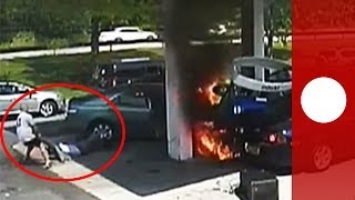 Watch Online Heroic rescue: man pulls driver from burning car after crash