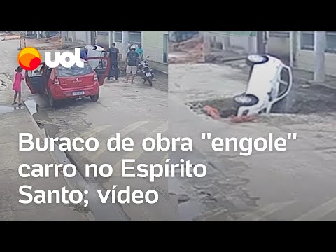 Carro cai dentro de buraco de obra no Espírito Santo; vídeo flagra veículo sendo 'engolido'