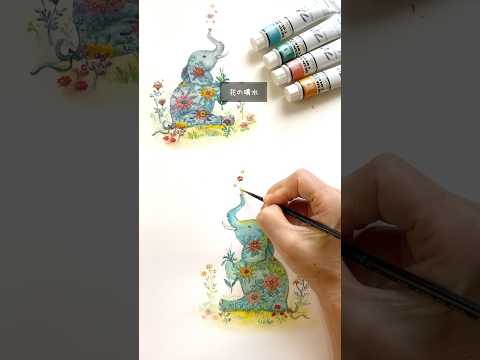 絵の具で楽しむ!花柄ゾウの描き方【50代からの趣味時間】 #大人の趣味 #shorts