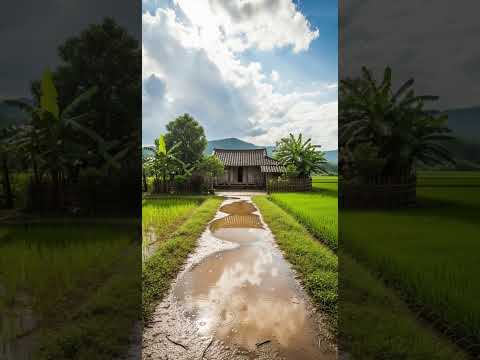 Vietnamese countryside house after the rain, wet ground reflecting sky