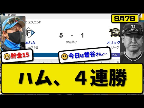 【2位vs5位】日本ハムファイターズがオリックスバファローズに5-1で勝利…9月7日4連勝で貯金15…先発加藤7回1失点9勝目…万波&伏見&マルティネスが活躍【最新・反応集・なんJ・2ch】プロ野球