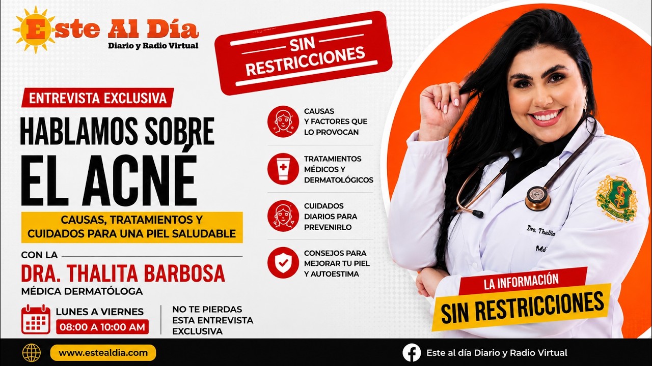 ¿El acné solo afecta a los adolescentes? ¿Por qué aparece y cuáles son los tratamientos más efectivos? ¿Es posible prevenir las manchas y las cicatrices?

En esta edición de Sin Restricciones, conversamos con la Dra. Thalita Barbosa sobre las principales causas del acné, los tratamientos disponibles y los cuidados diarios que ayudan a mantener una piel sana.

Durante la entrevista abordamos temas como:

✨ ¿Qué provoca el acné?
✨ Tipos de acné y cómo identificarlos.
✨ Tratamientos dermatológicos más efectivos.
✨ Mitos y verdades sobre el acné.
✨ Cómo prevenir manchas y cicatrices.
✨ Rutinas de cuidado para una piel saludable.

Una entrevista con información útil para adolescentes, adultos y todas las personas que desean comprender mejor esta condición y cuidar correctamente su piel.

👍 Si te gustó esta entrevista, dejá tu "Me gusta", compartila y suscribite al canal para más contenidos sobre salud, dermatología y bienestar.

#Acné #Dermatología #DraThalitaBarbosa #CuidadoDeLaPiel #Salud #SinRestricciones #EsteAlDía #PielSaludable #TratamientoDelAcné #Paraguay