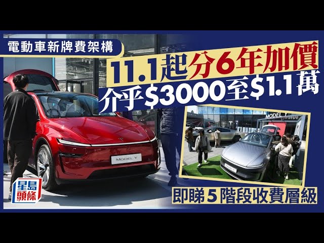 電動車新牌費詳解｜11月起分6年實施 2030年最貴$1.1萬 即睇Tesla/BYD/Benz/BMW型號牌費｜星島頭條新聞｜電動車｜牌照｜費用｜功率｜私家車｜階段｜時間表