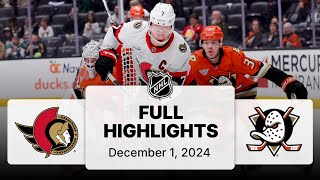 NHL Highlights | Senators vs. Ducks - December 1, 2024