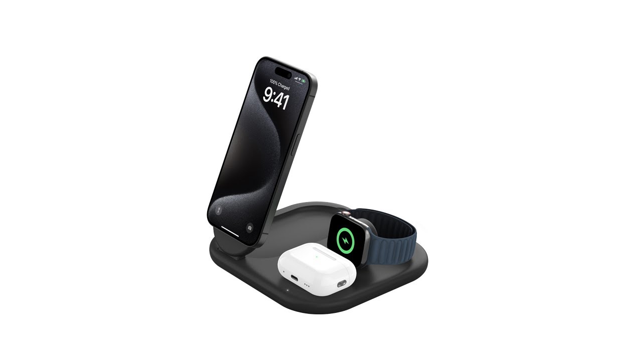 Video Belkin BoostCharge Foldable - Cargador inalámbrico 3-en-1 con MagSafe, 15W, Negro