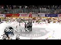 Hockey team celebrates with teddy bear toss
