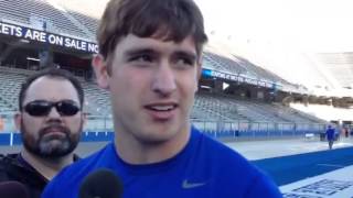 Boise State quarterback Grant Hedrick talks to reporters after the Spring Game on April 12, 2014.